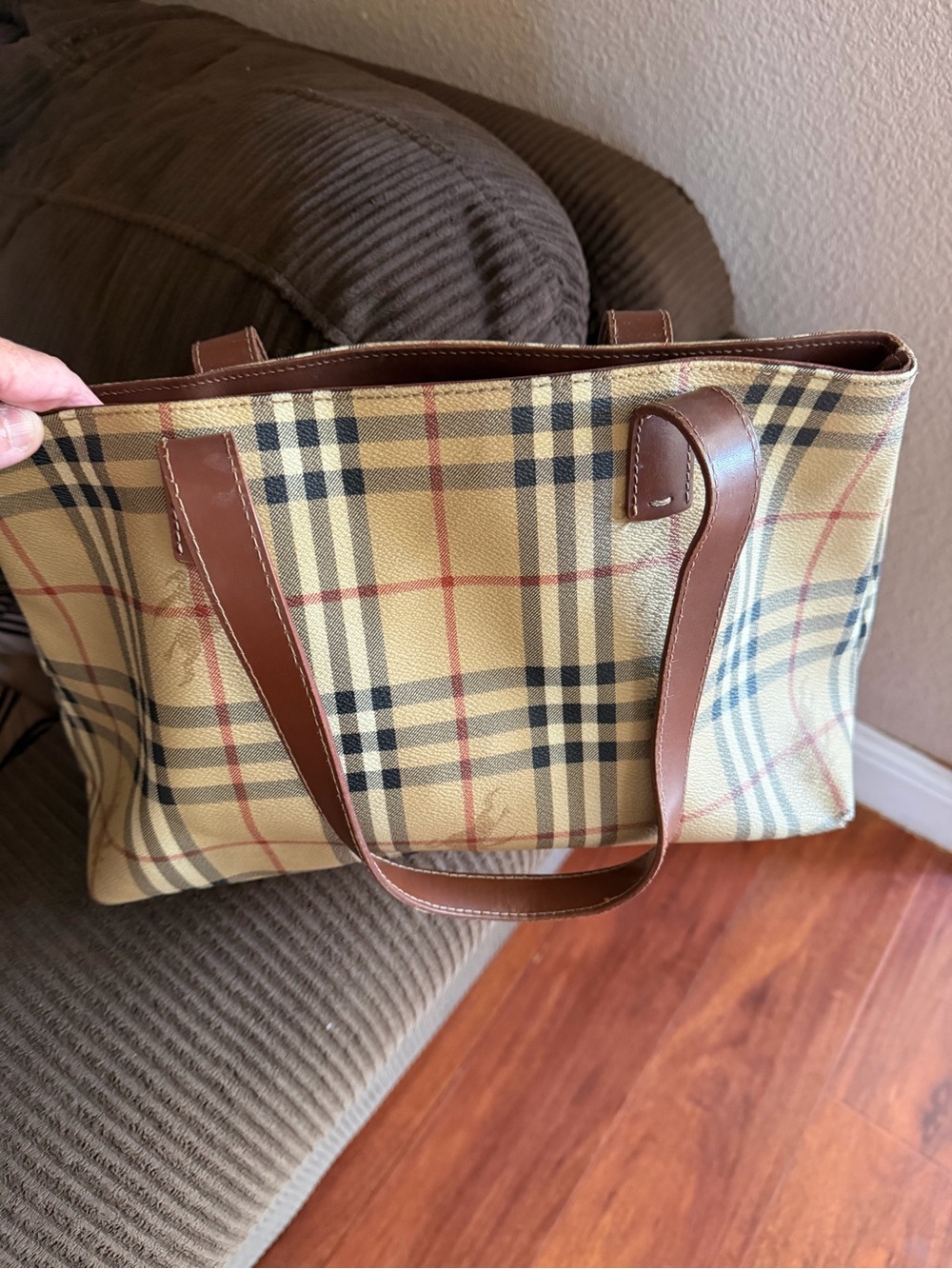 Burberry Beige Check Canvas Tote with Brown Leather Trim